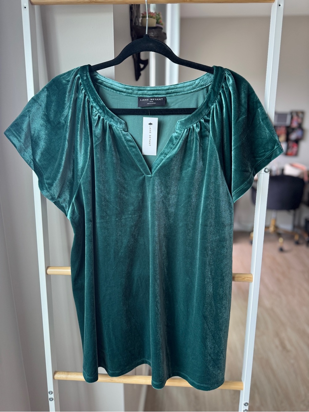 Lane Bryant Teal Velvet Short Sleeve V-Neck Flowy Top Size 14/16 Cozy Fall